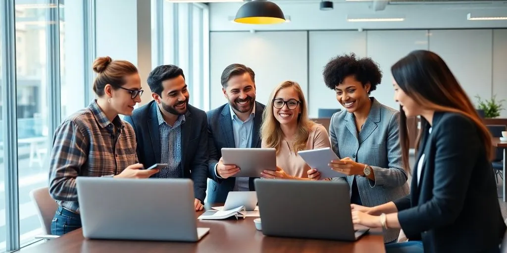 Group discussing email marketing strategies in a modern office.