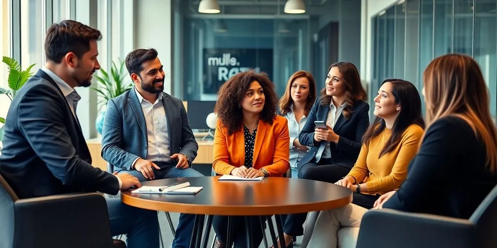 Diverse business coaches collaborating in a modern office.