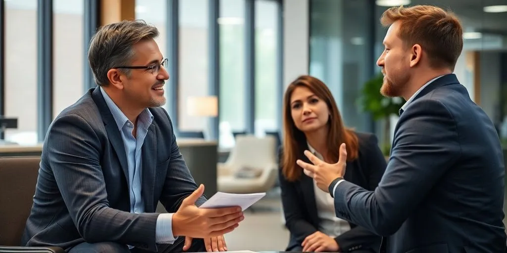Business coach and client discussing strategies in office.