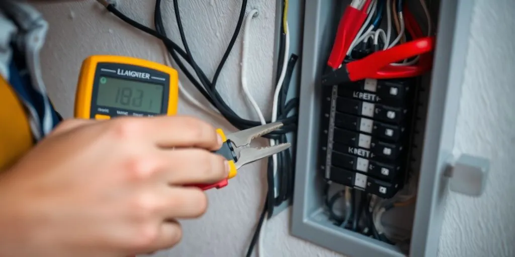 Landlord inspecting electrical wiring and tools in property.