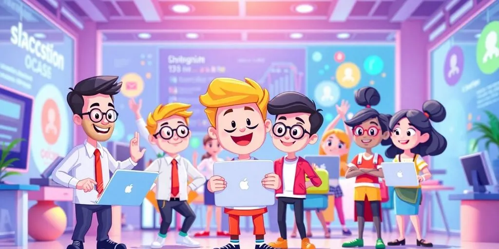 Animated characters in a digital marketing setting.