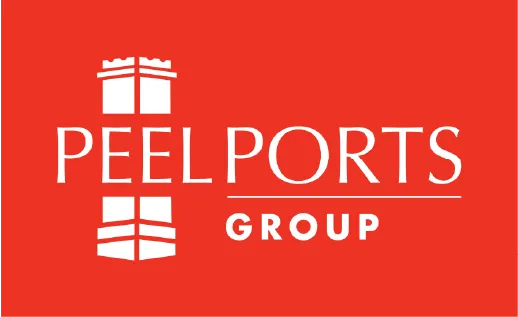 White Peel Ports Group logo with stylized port graphic above the name on a red background.
