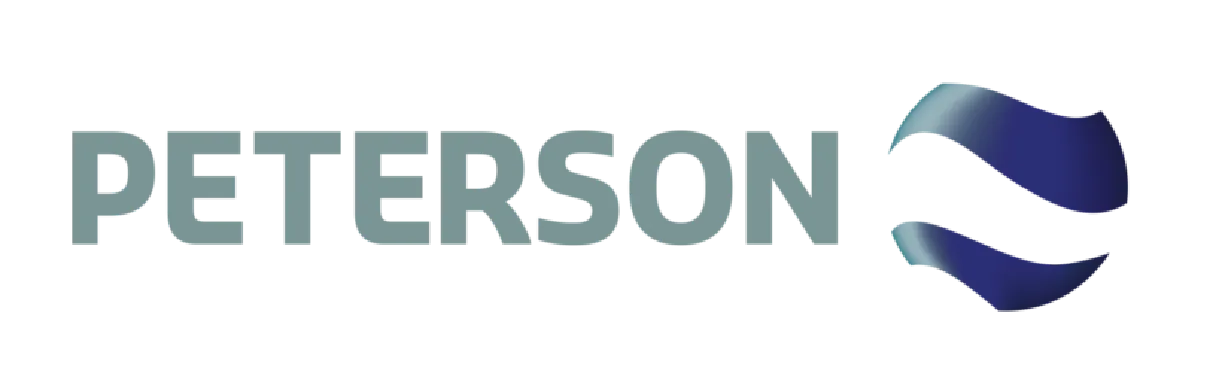 Peterson company name with abstract blue wave logo on the right.