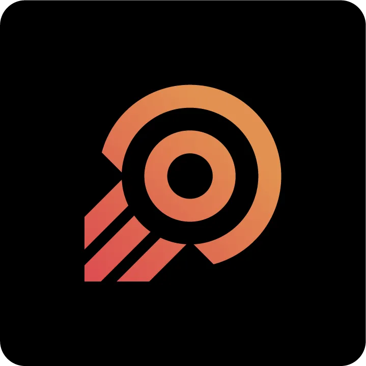 Abstract circular logo with concentric rings and diagonal trailing lines in a gradient from orange to red on a black rounded square background.