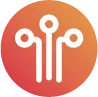 White circuit board icon with three nodes inside a gradient orange circle.