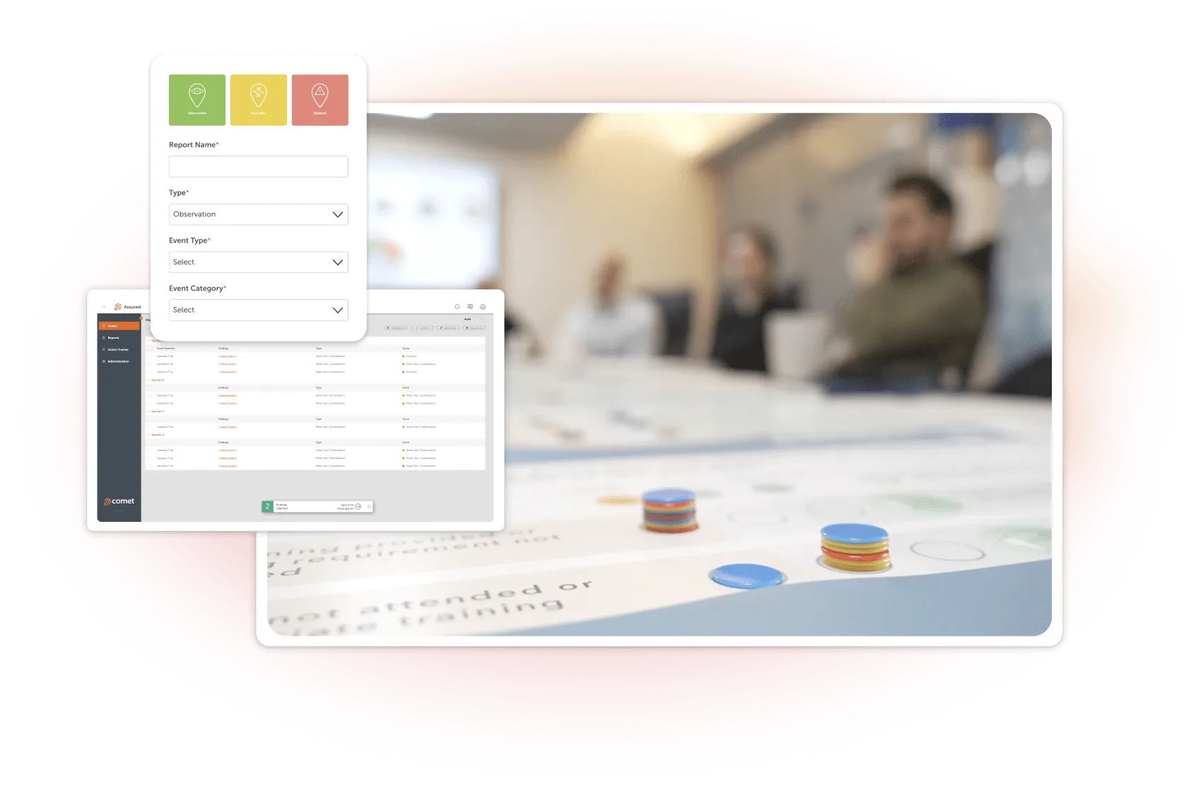 Blurred group meeting in background with colored chips on a table and overlaid software interface panels showing report form and audit data.