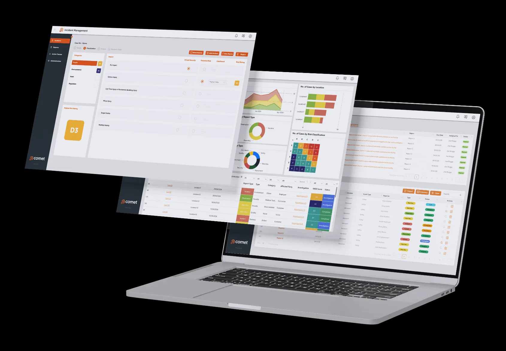 Open laptop showing incident management software with dashboard charts and case details displayed.