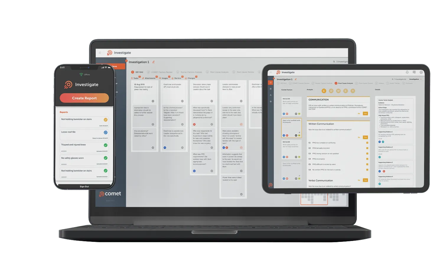 Laptop, tablet, and smartphone displaying investigative report and analysis software interfaces with reports, tasks, and communication details.