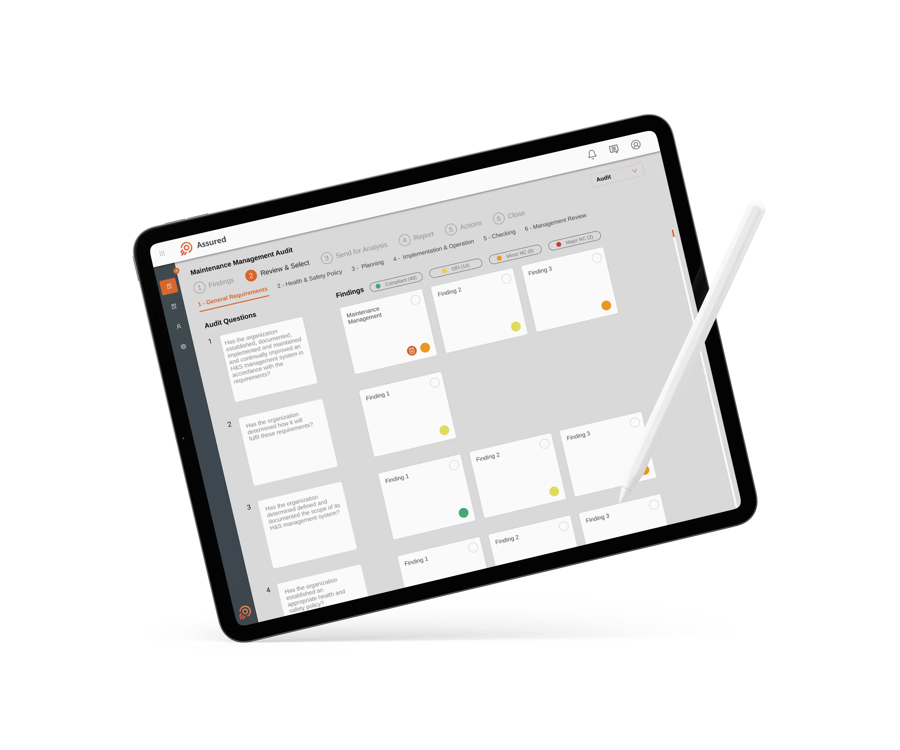 Tablet displaying a maintenance management audit app interface with audit questions and findings, paired with a white stylus.