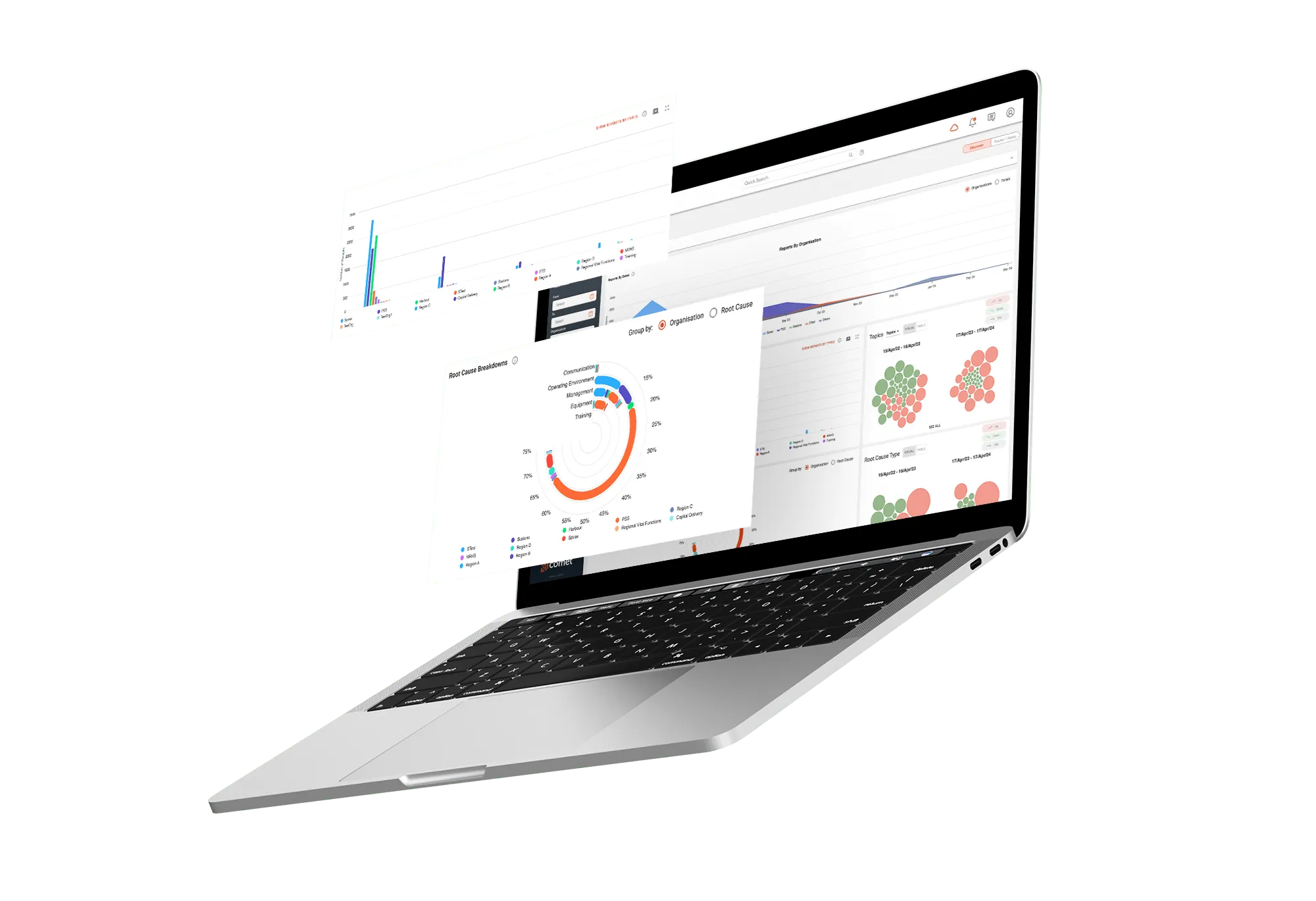 Floating laptop displaying multiple data analytics dashboards with charts, graphs, and visual metrics.