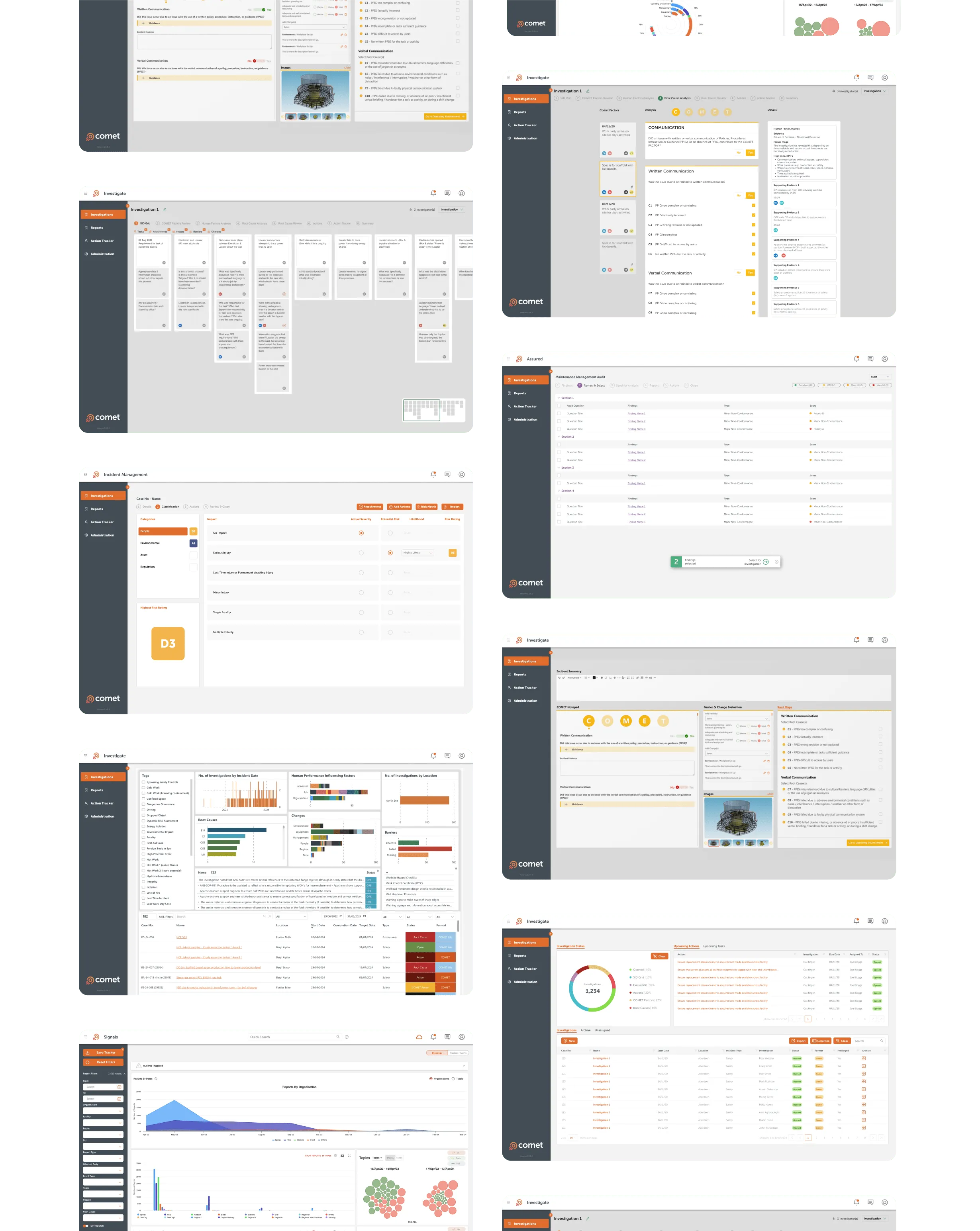 Collage of multiple user interface screenshots from Comet software showing investigation reports, incident management, maintenance audit, data visualizations, and communication forms.