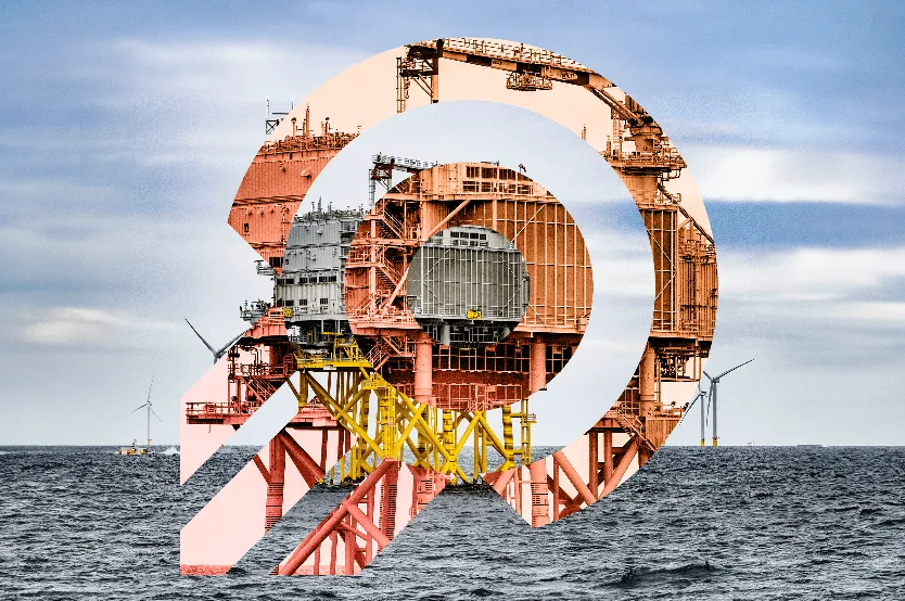 Offshore oil platform in ocean with wind turbines in the background under cloudy sky, overlaid with a circular design graphic.