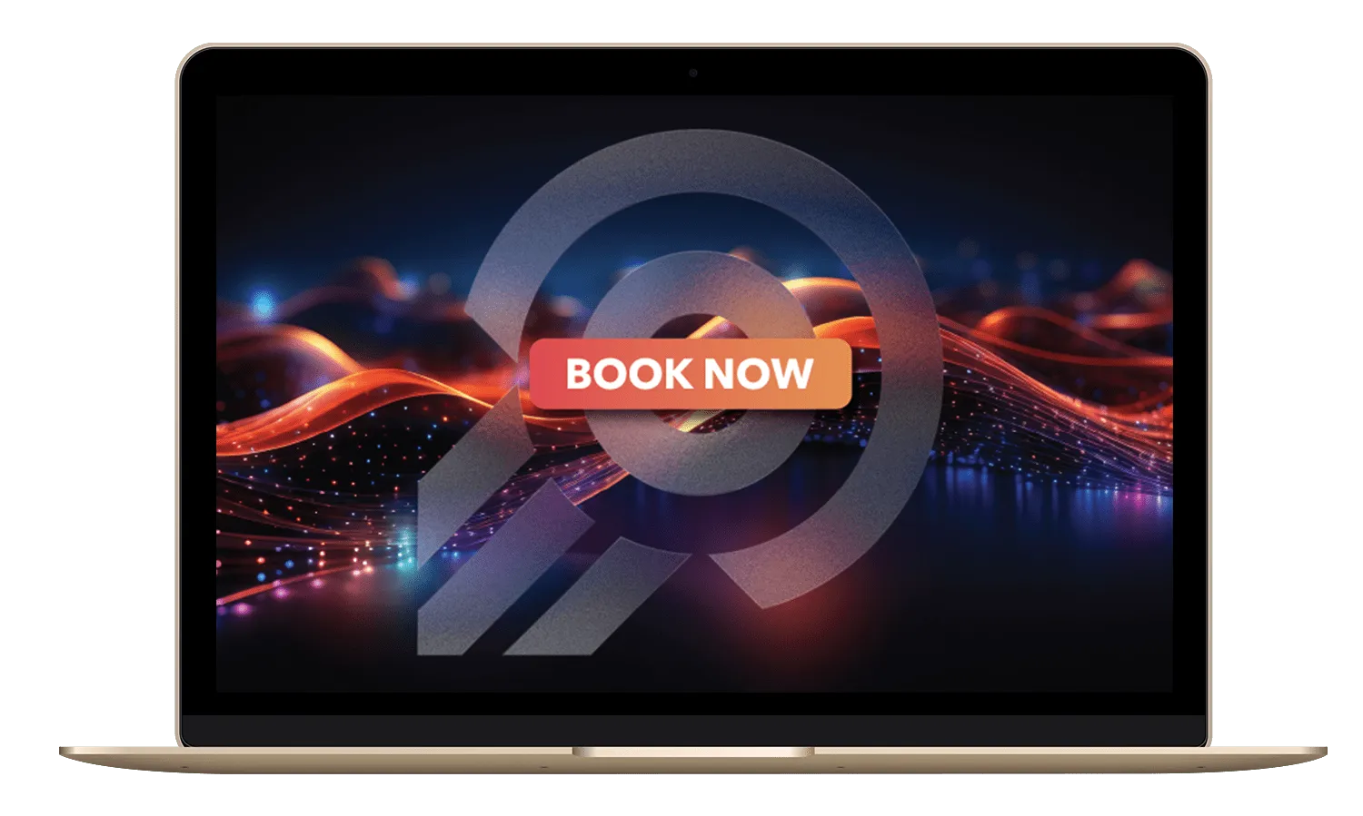 Gold MacBook Air displaying digital waves with a central 'BOOK NOW' button on the screen.