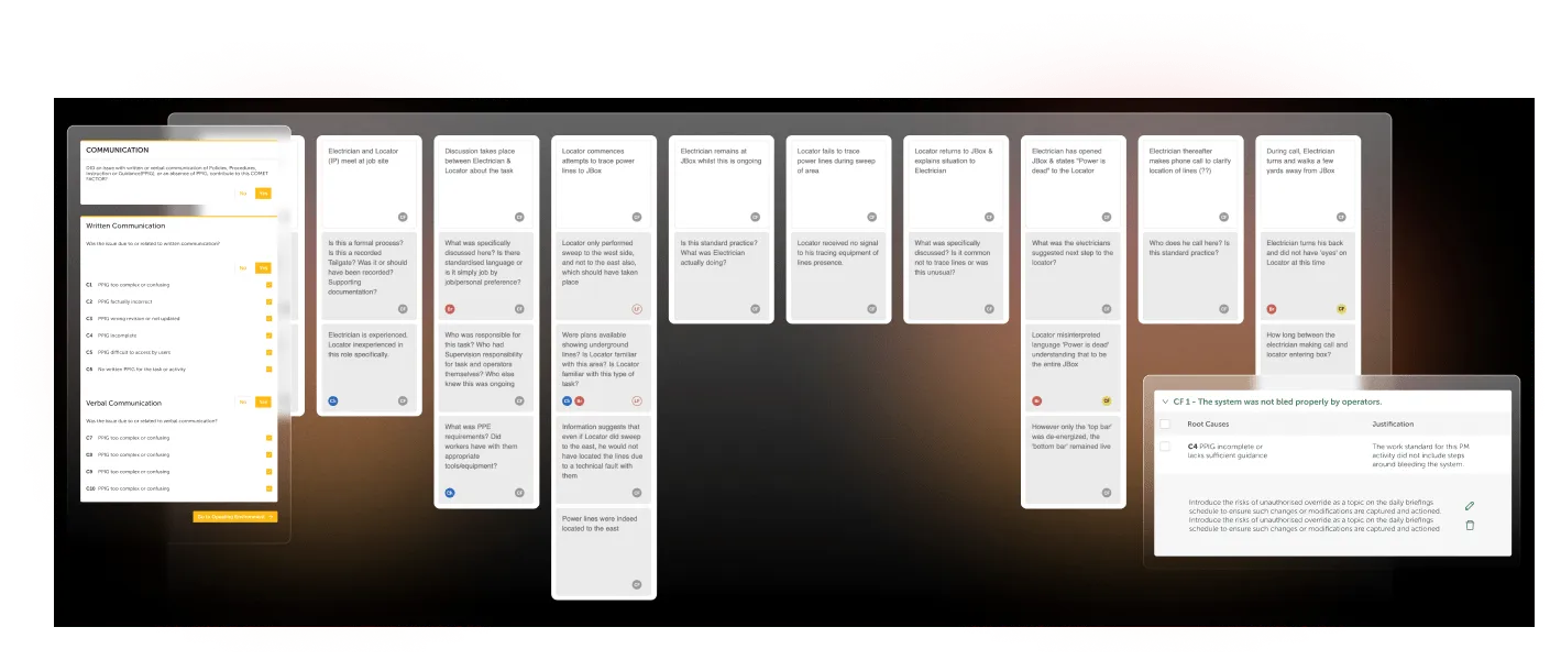 A digital collaboration board showing detailed written and verbal communication assessments, task discussions, and investigation comments about an electrician and locator's work process with checklist items and root cause analysis.