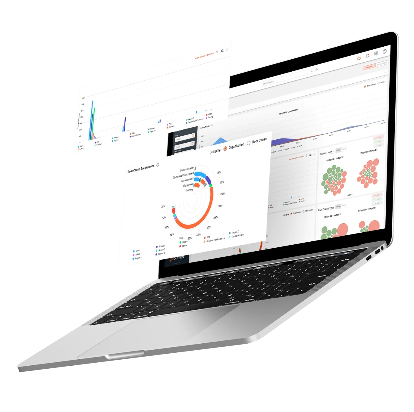 Angled laptop displaying dashboard with various charts and graphs, including a circular root cause breakdown and other statistical data.