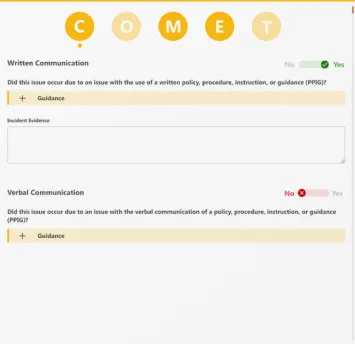 COMET audit form showing Written Communication marked Yes and Verbal Communication marked No with fields for incident evidence and guidance expansion.