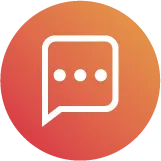 White speech bubble with three dots inside on an orange gradient circular background.