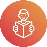Icon of a smiling person reading a book inside an orange to red gradient circle.