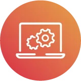 White laptop icon with two gears on an orange to red gradient circular background.