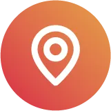 White location pin icon on a round red to orange gradient background.