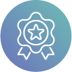 White line icon of a ribbon badge with a star in the center on a blue and green gradient background.