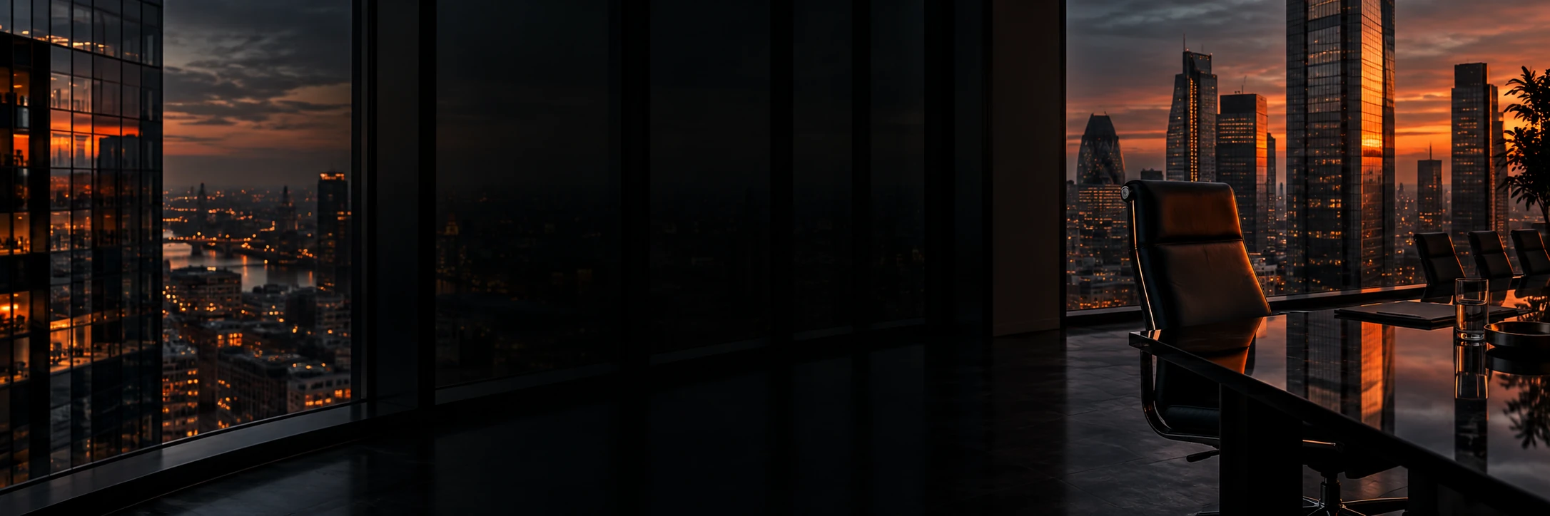 An empty boardroom high above a city skyline at sunset