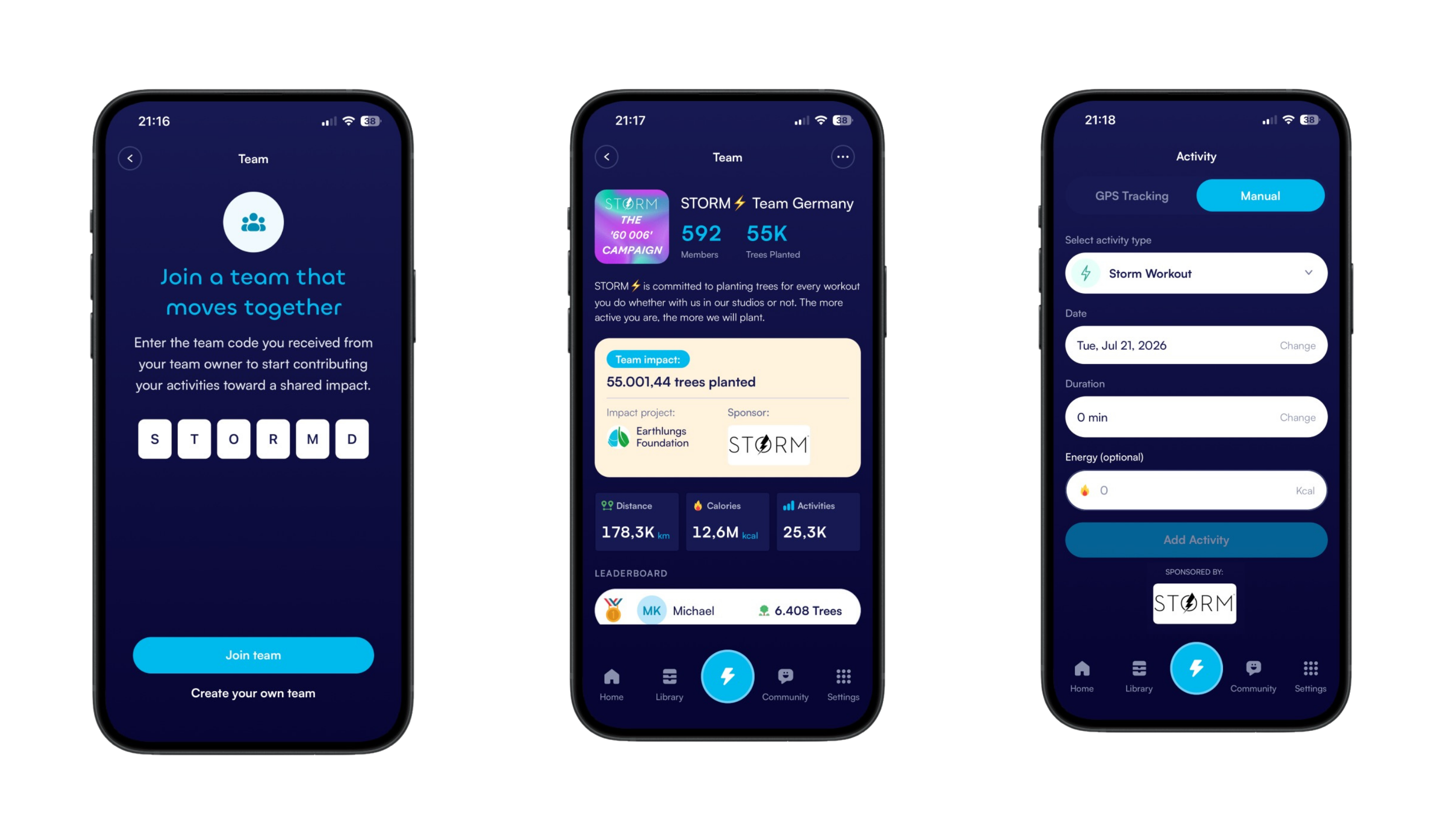 Drei Smartphone Screens zeigen den Verwendungsvorgang der Active Giving App auf.