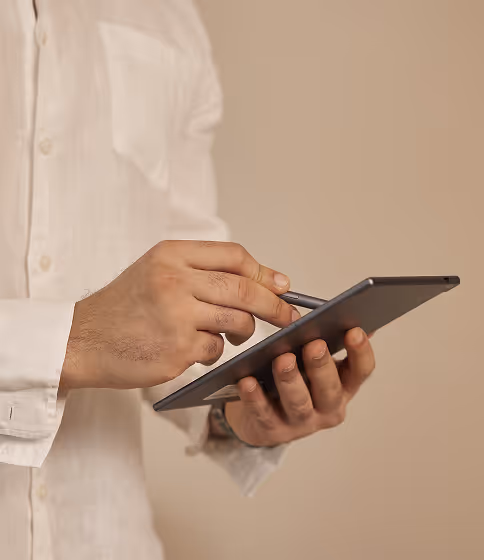 A Model held a tablet with stylus