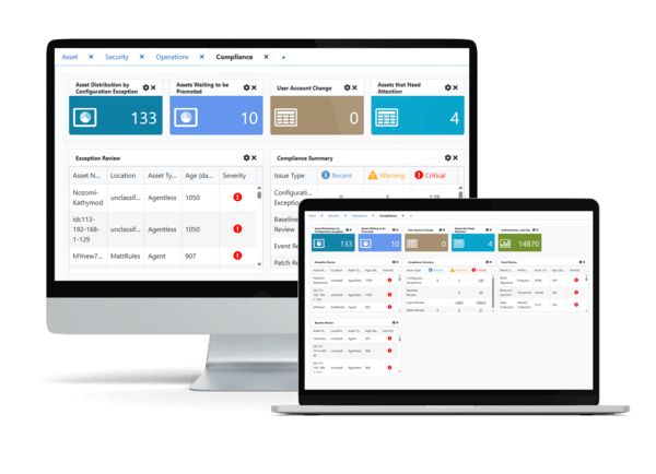 Industrial Defender compliance dashboard tracking configuration exceptions, user account changes, and critical issues across monitored assets.
