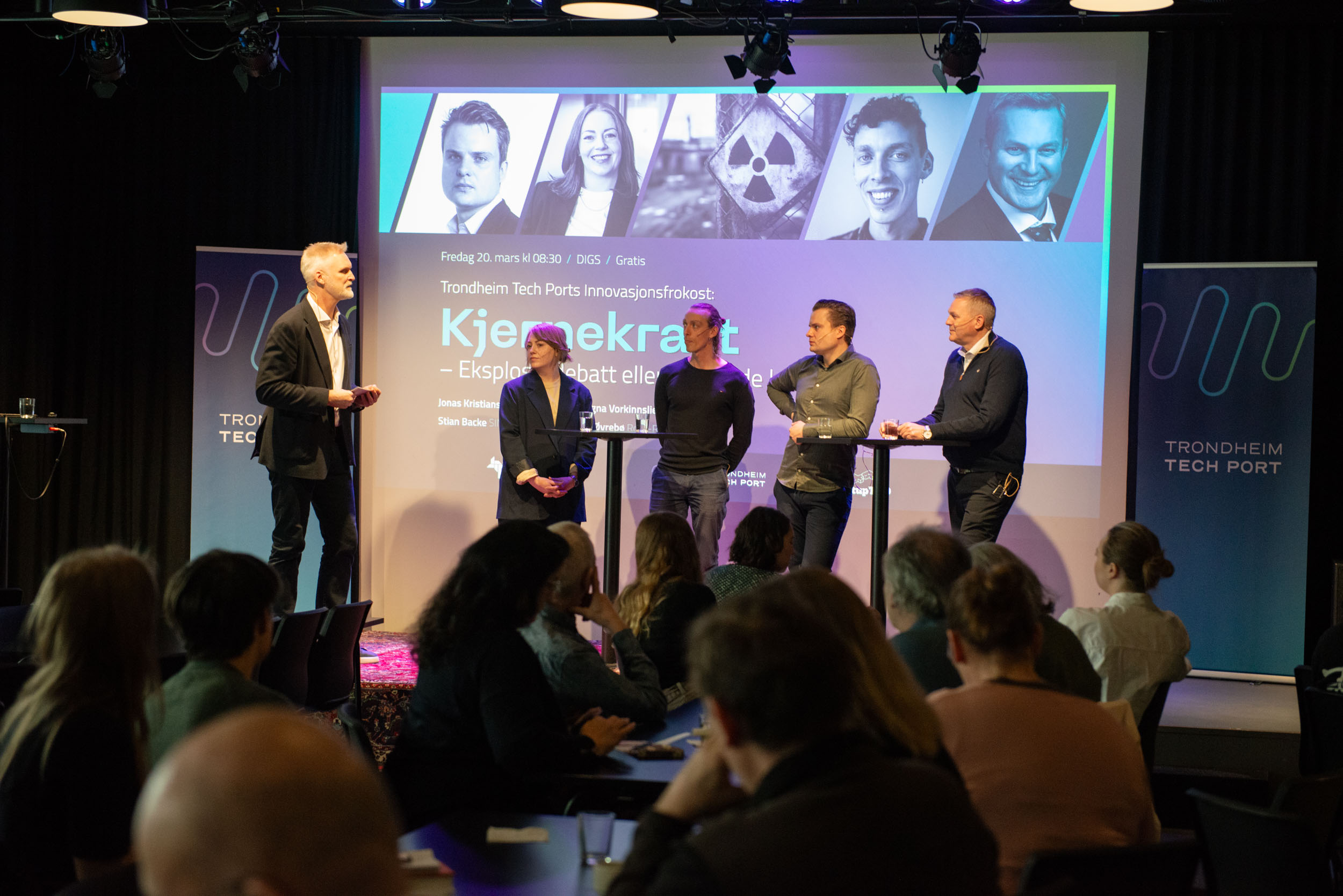 Bilde av hele panelet under fredagens Innovasjonsfrokost: Erlend Solem, Ragna Vorkinnslien, Stian Backe, Jonas Nøland og Sigurd Øvrebø. 