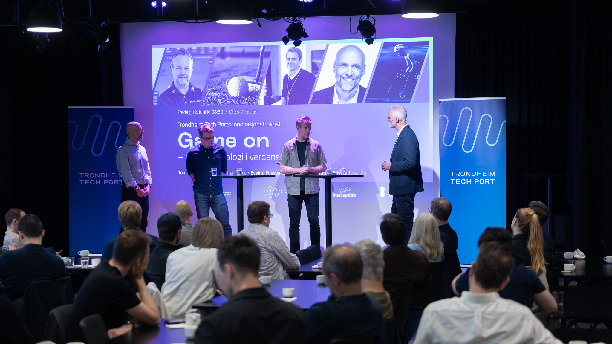 På scenen under dagens Innovasjonsfrokost (f.v.): Sigmund Fristad (Sonofit), Eyvind Fossbakk (Sportradar), Tom Christian Lindvåg (Initial Force) og Erlend Solem (Trondheim Tech Port). 
