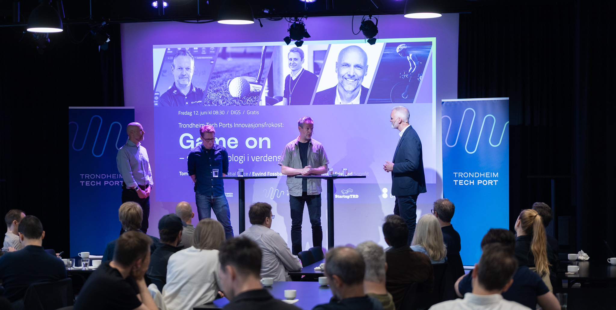 På scenen under dagens Innovasjonsfrokost (f.v.): Sigmund Fristad (Sonofit), Eyvind Fossbakk (Sportradar), Tom Christian Lindvåg (Initial Force) og Erlend Solem (Trondheim Tech Port).