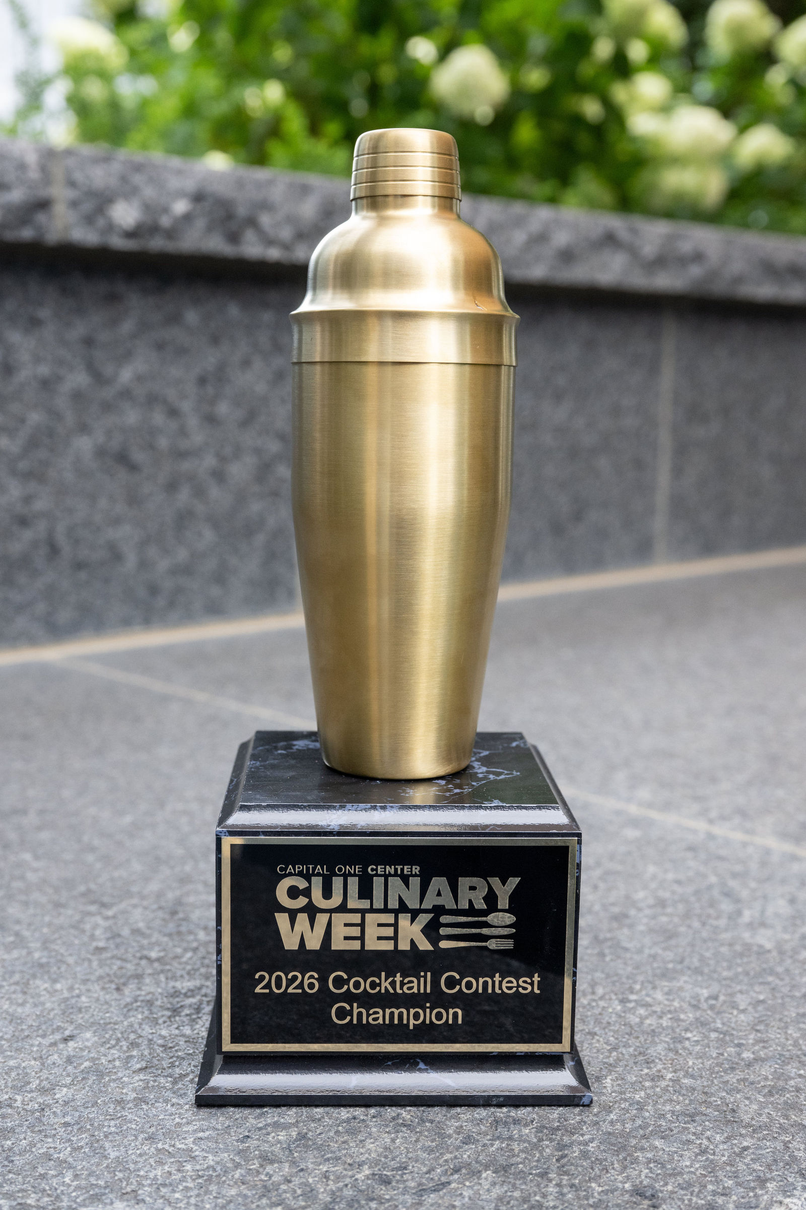 Capital One Center Culinary Week 2026 Cocktail Contest Champion trophy, a gold cocktail shaker on a black base