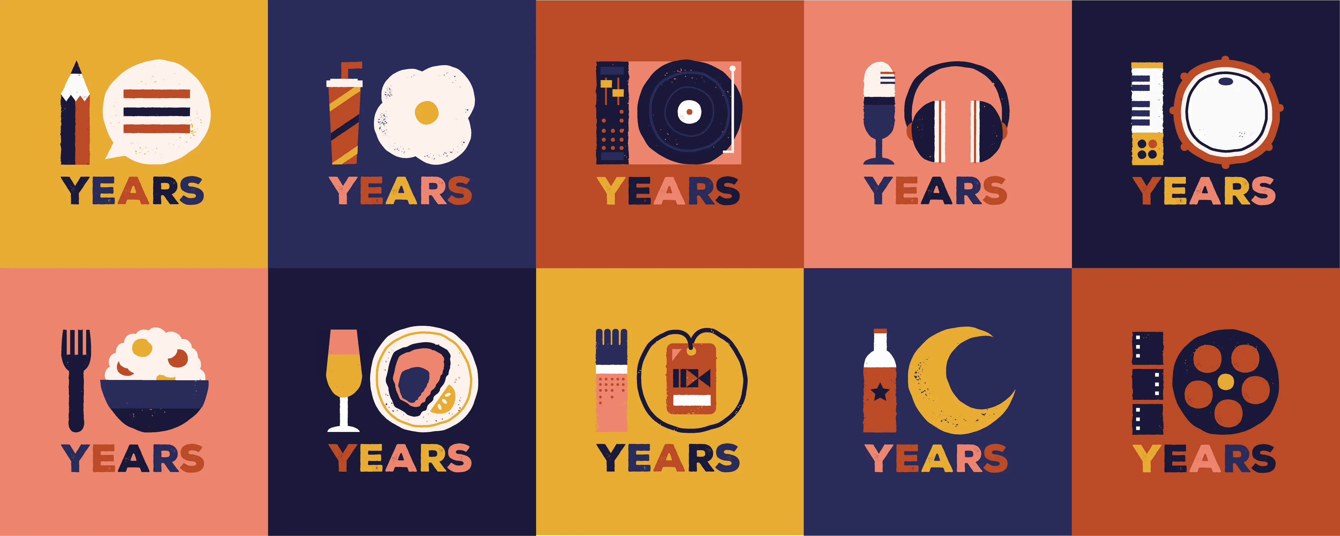 southern screen various designs using film, food, and music related items to say 10 years