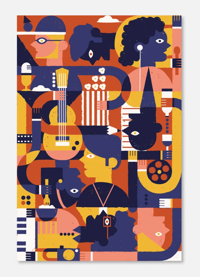 Southern Screen design showing collage of people, instruments, food, and film related items