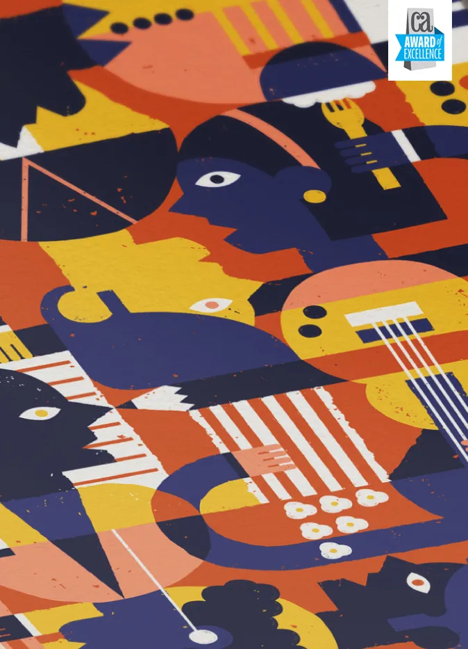Southern Screen design showing collage of people, instruments, food, and film related items