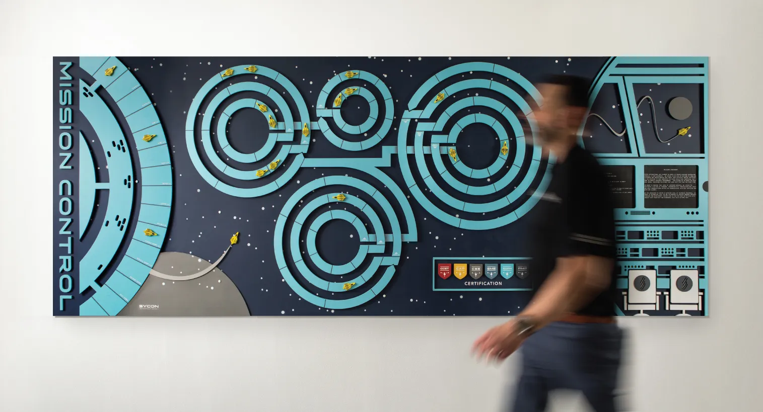 man walking past sycon mission control game board