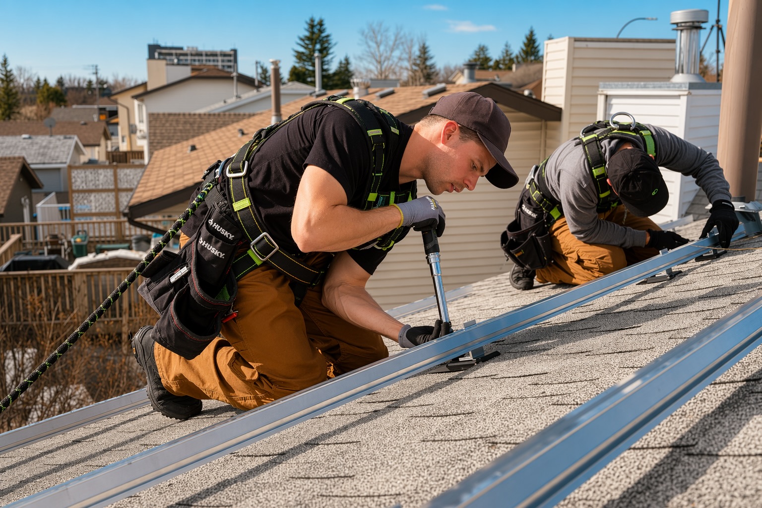 two guys installing solar panels on roof