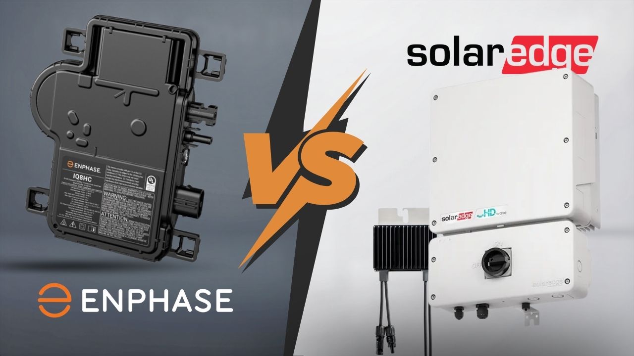 Enphase vs SolarEdge comparison featuring an Enphase IQ8HC microinverter and a SolarEdge HD-Wave inverter for residential solar installations.