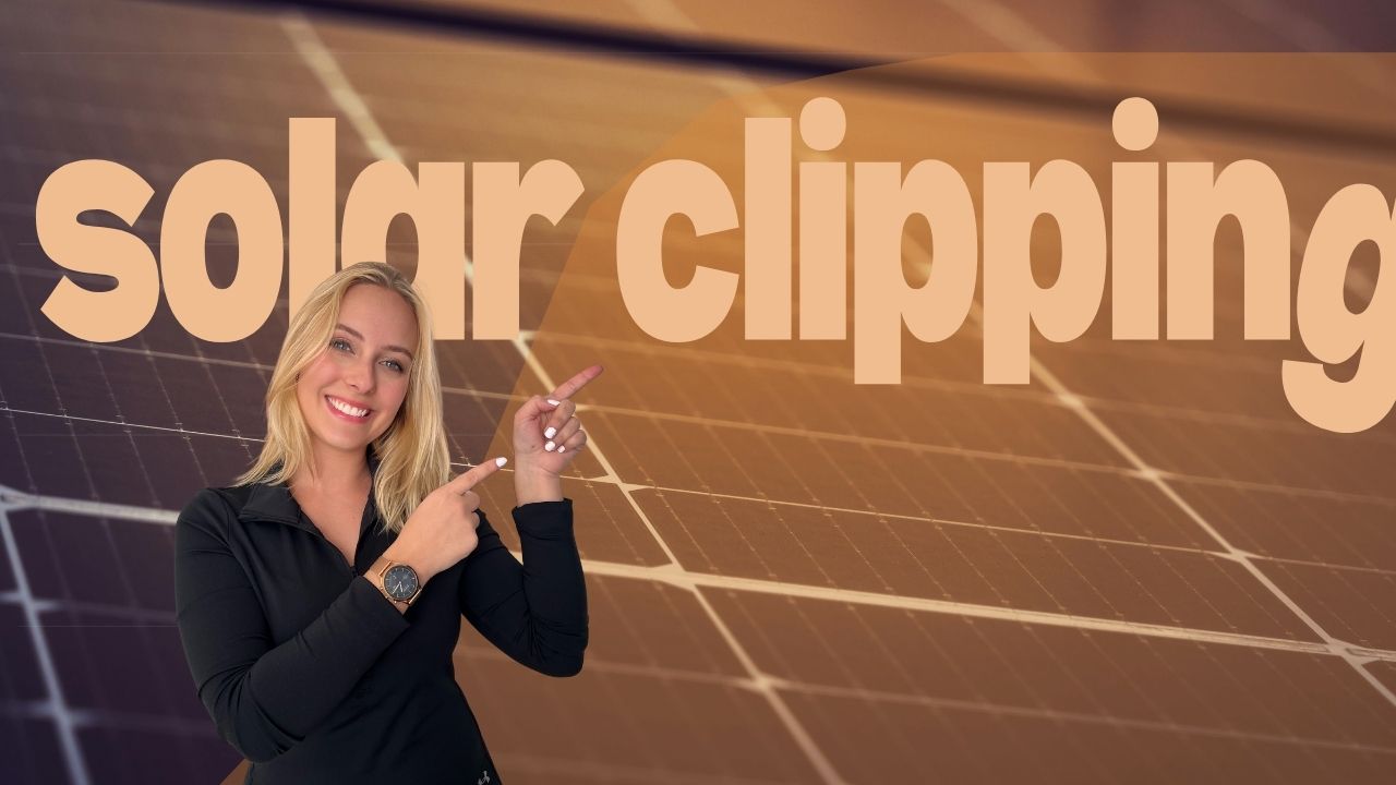 solar panel in dark orange background with an oragne graph that plateaus, a girl pointing at the text solar clipping with the g falling