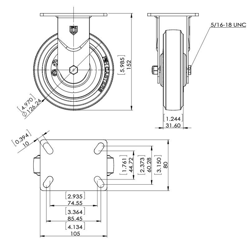 PRC-W5P Plate Rigid Caster with 5 inch poly wheel specs