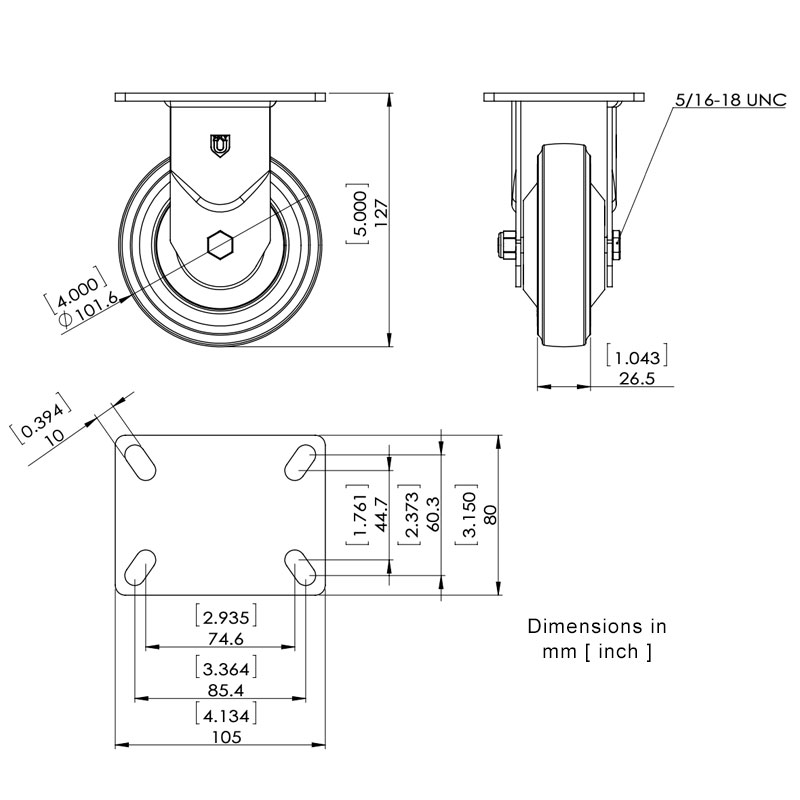 Plate Rigid Caster with Four Inch Poly Wheel Specs