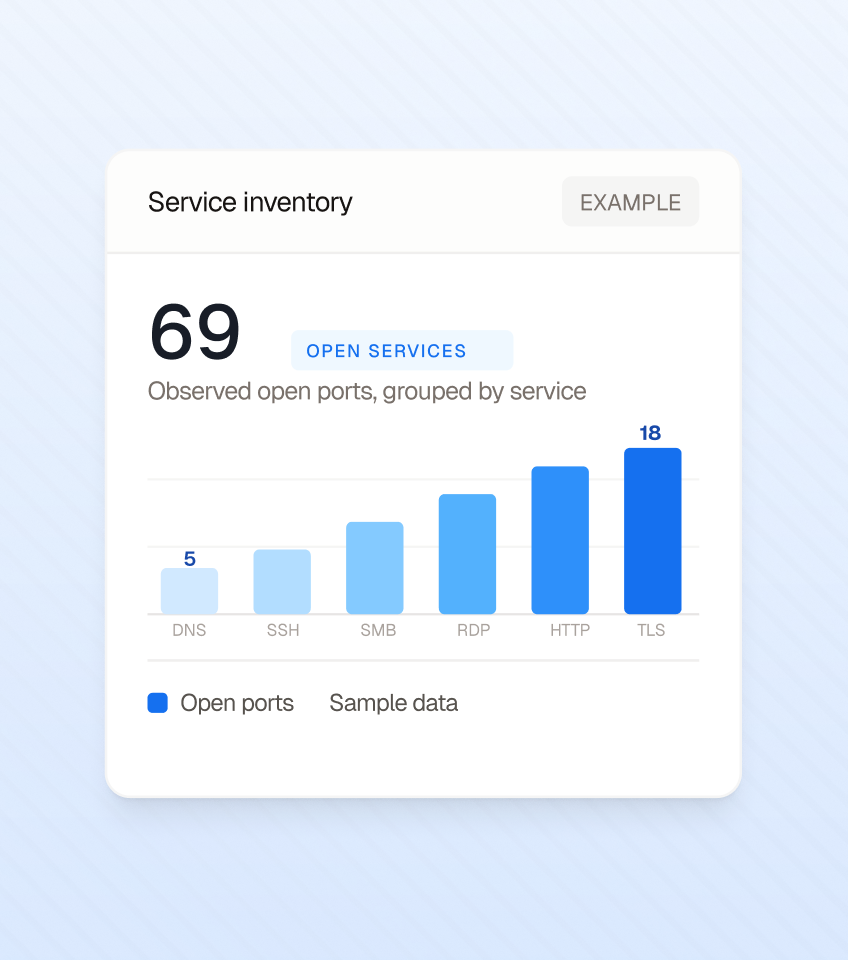 Illustrative Recon inventory showing 69 open services grouped by service; sample data.
