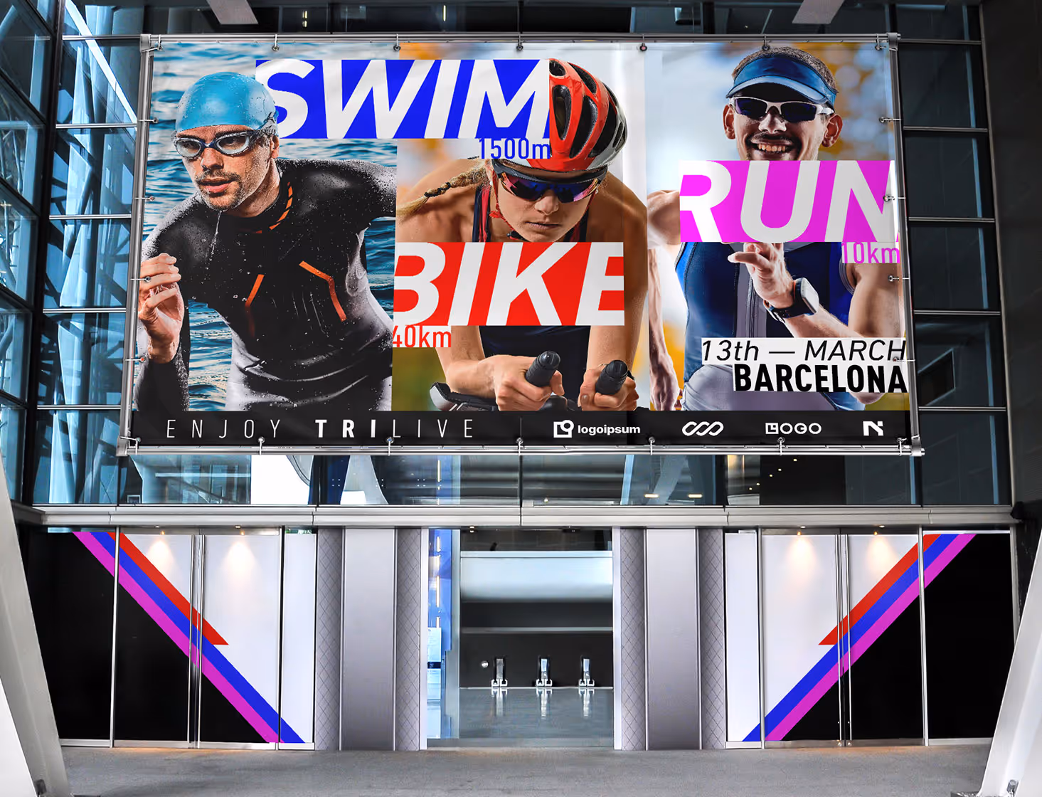 Latex printout banner above the entrance of a building