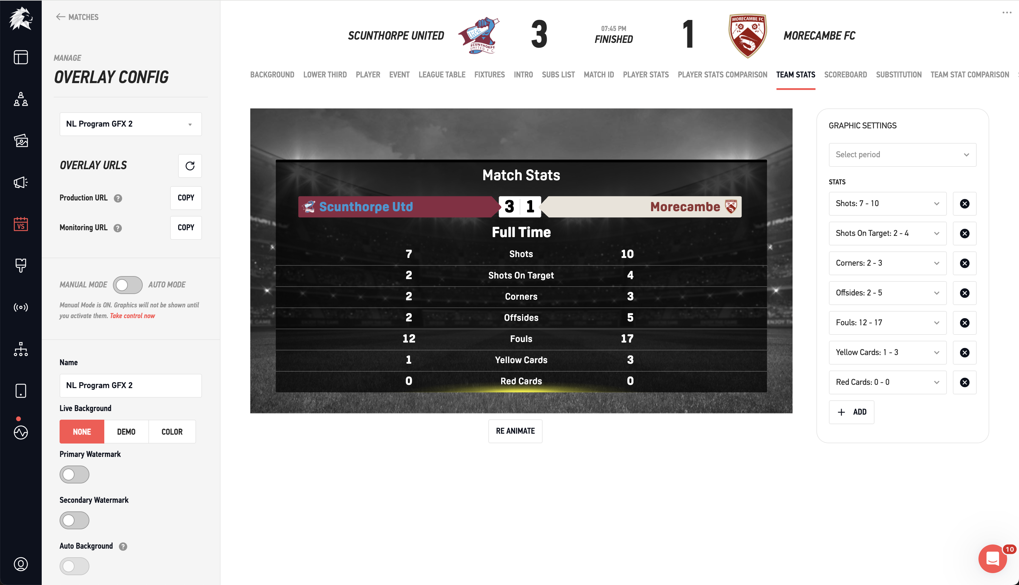 Overlay Settings — LIGR interface for updating and previewing broadcast graphics overlays.