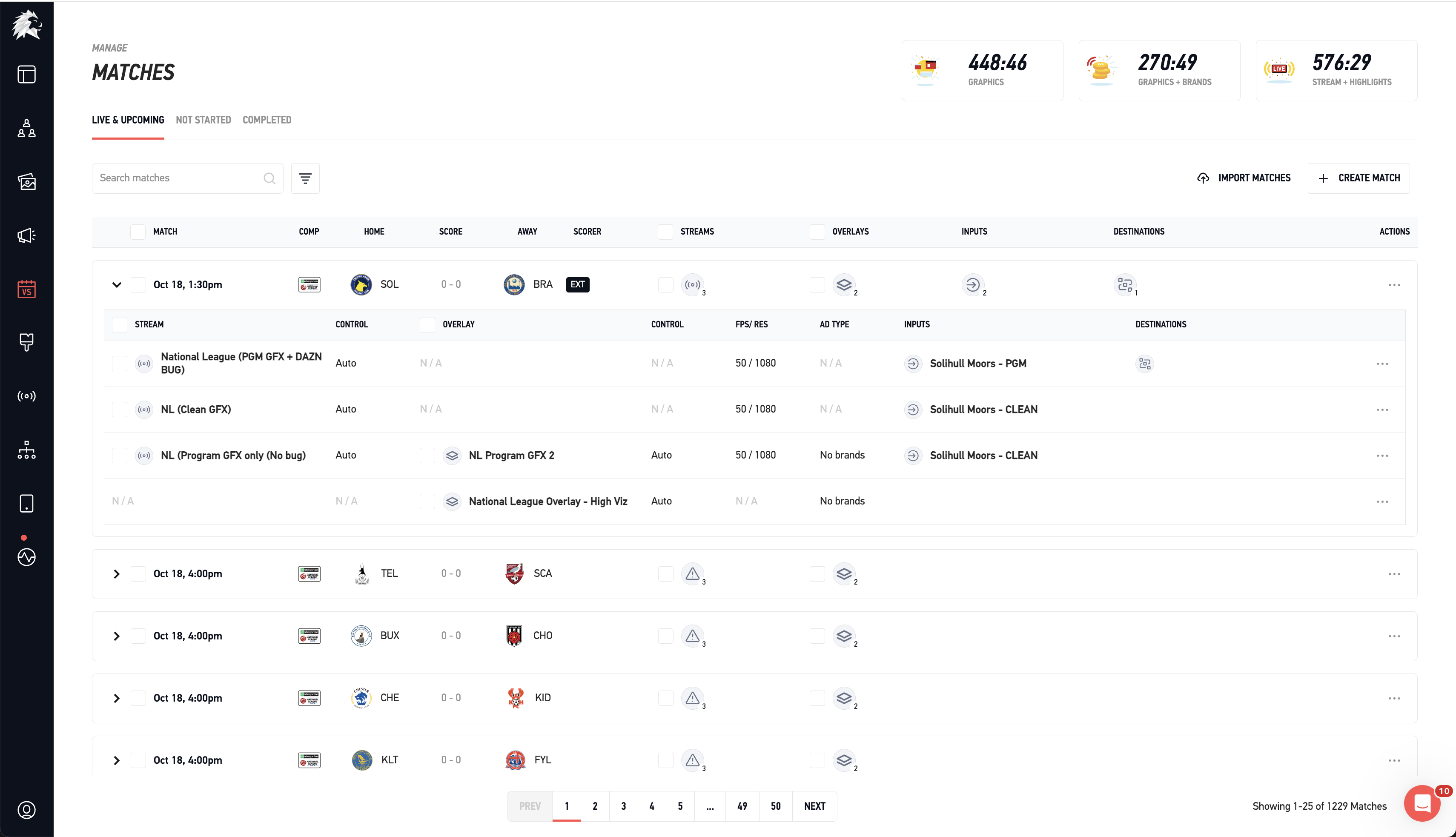 Matches Table — Overview of upcoming, live, and completed fixtures with full broadcast details.