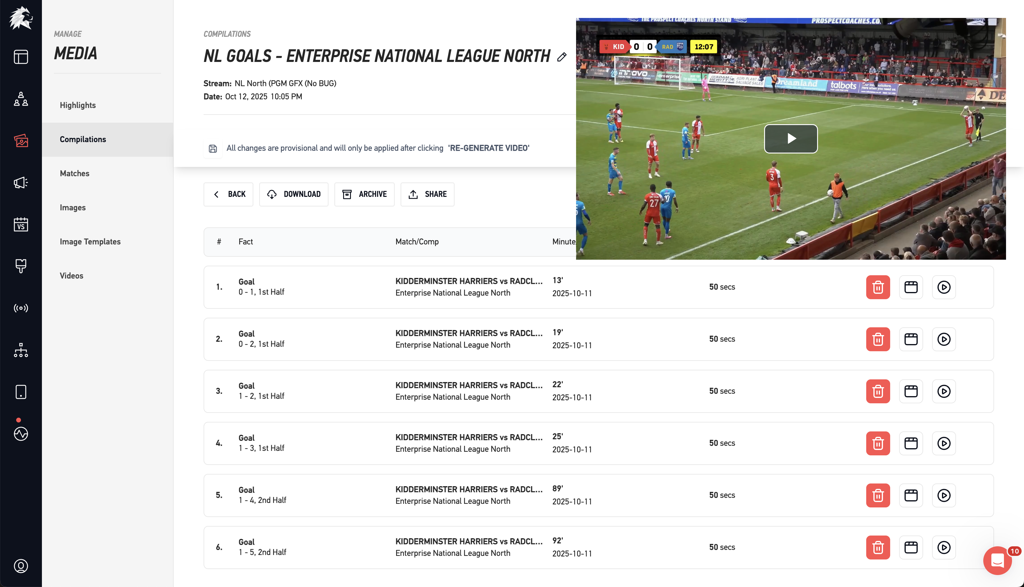 Compilations Screen — Combined highlights for single or multiple matches, edit and share functionality.