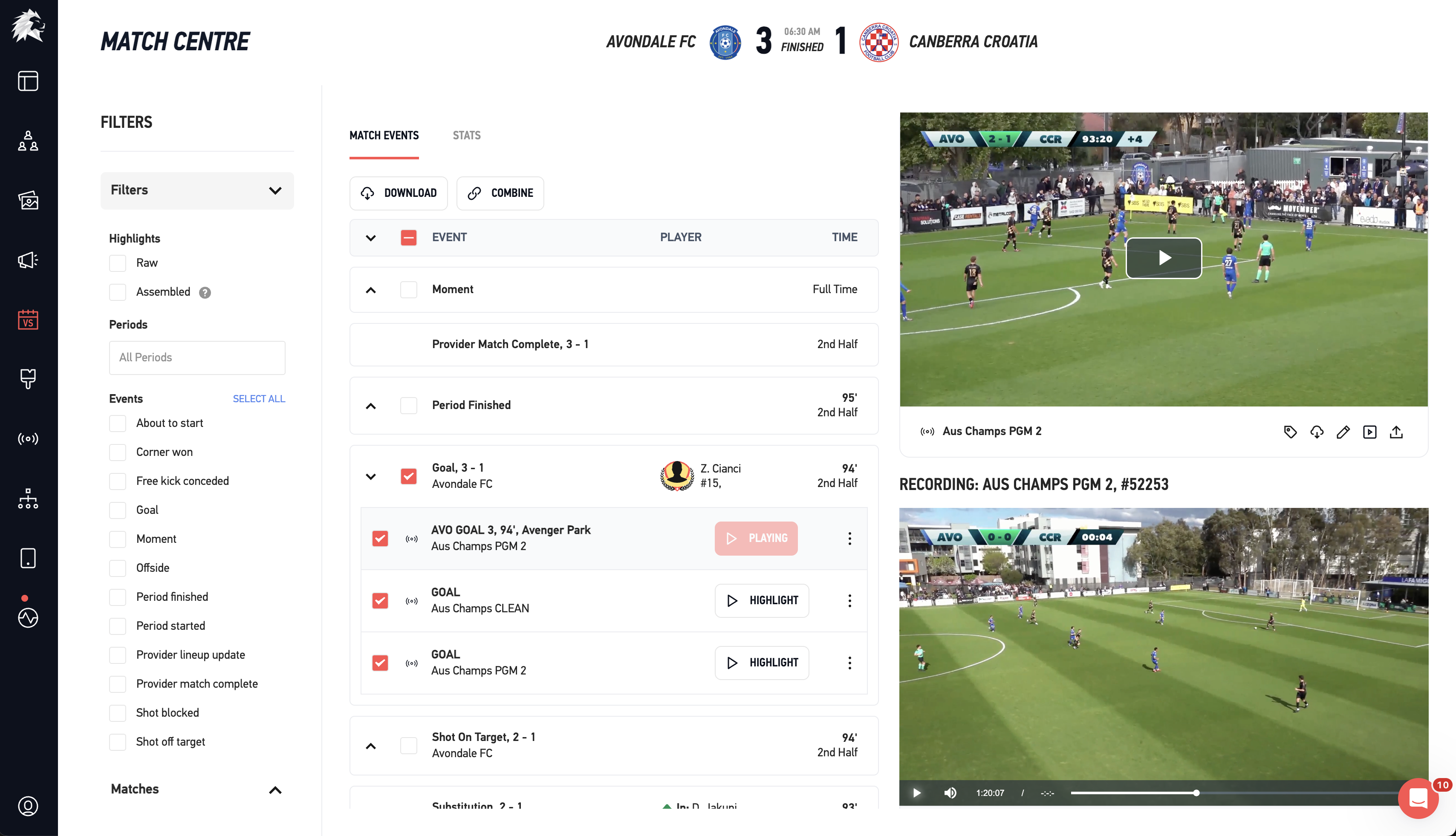 LIGR Match Centre — live match data, stream feed and highlight selection tools.