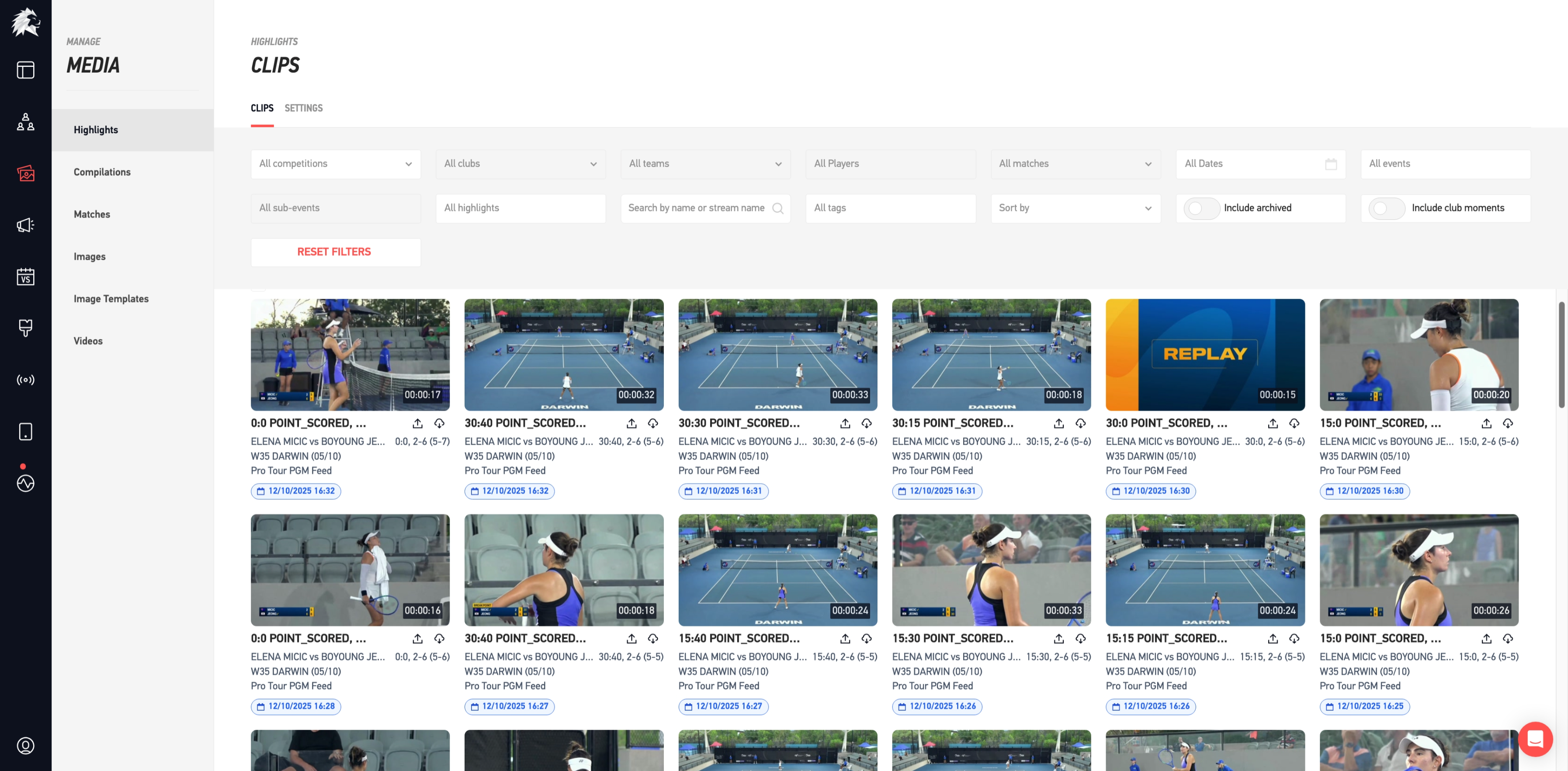 Highlights Page — Automated highlight generation and editing interface for Tennis Australia tournaments.