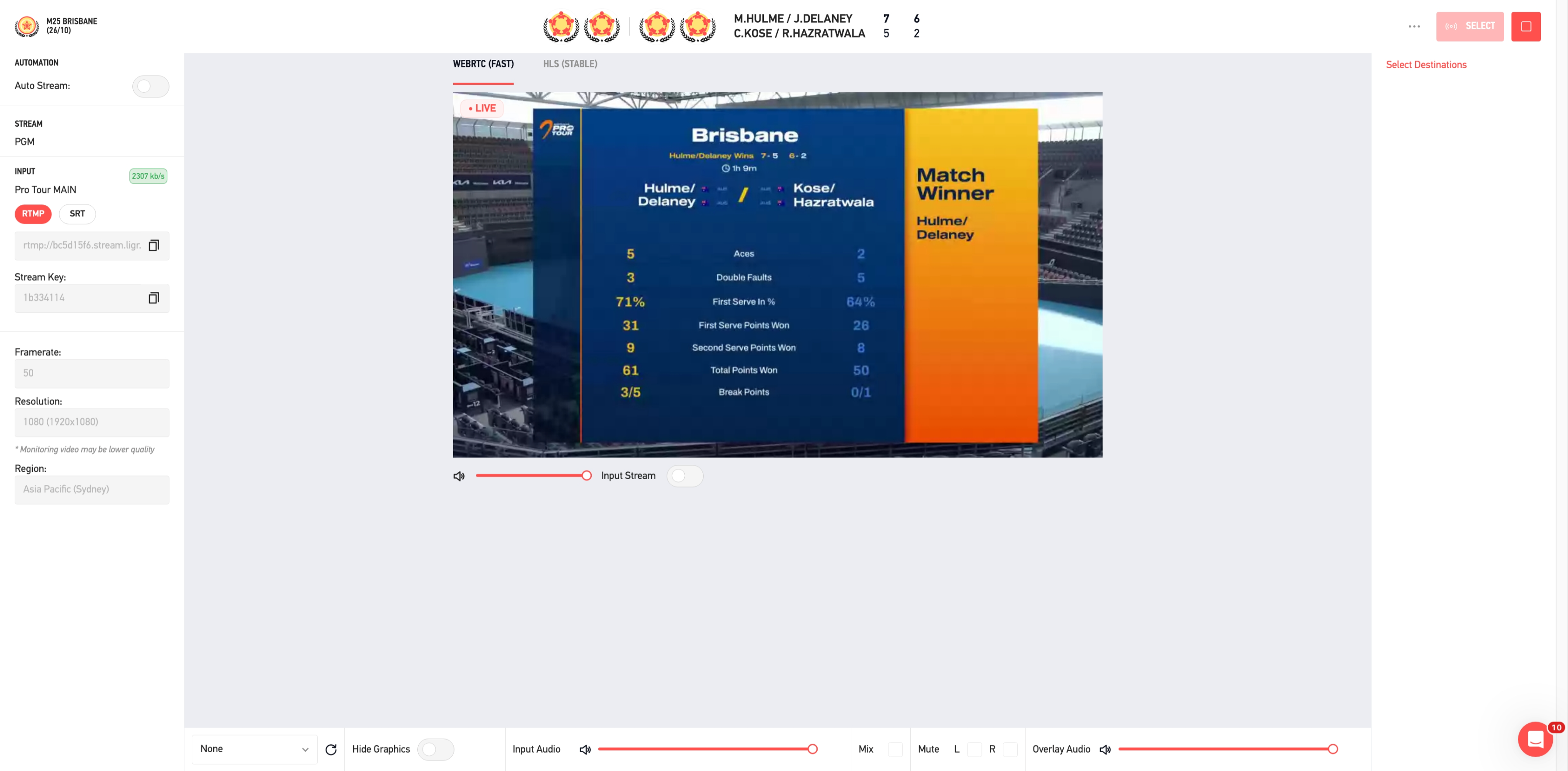 Live Stream Monitor — Tennis Australia branded graphics display with real-time match information and scoring.